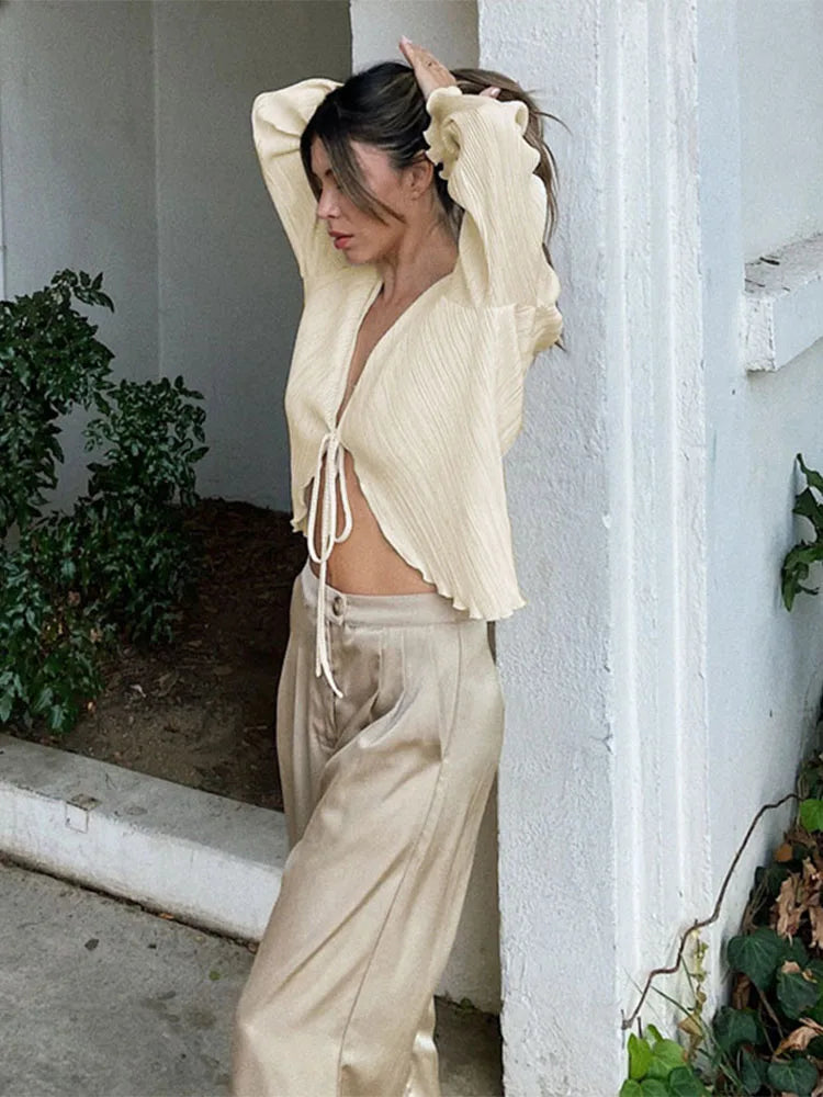 Chic Pleated V-Neck Top with Flare Sleeves