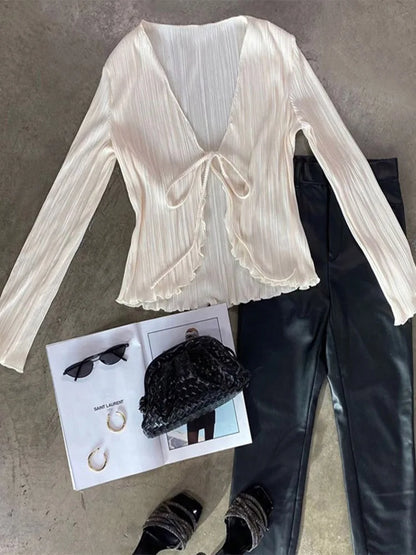 Chic Pleated V-Neck Top with Flare Sleeves